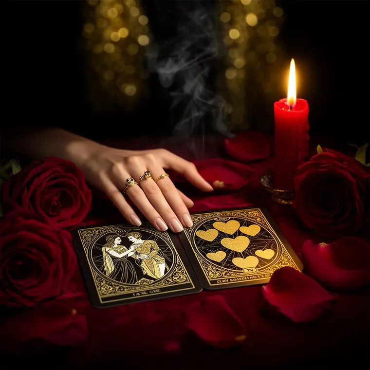 Jogo do Amor no Tarô com cartas e rosa vermelha