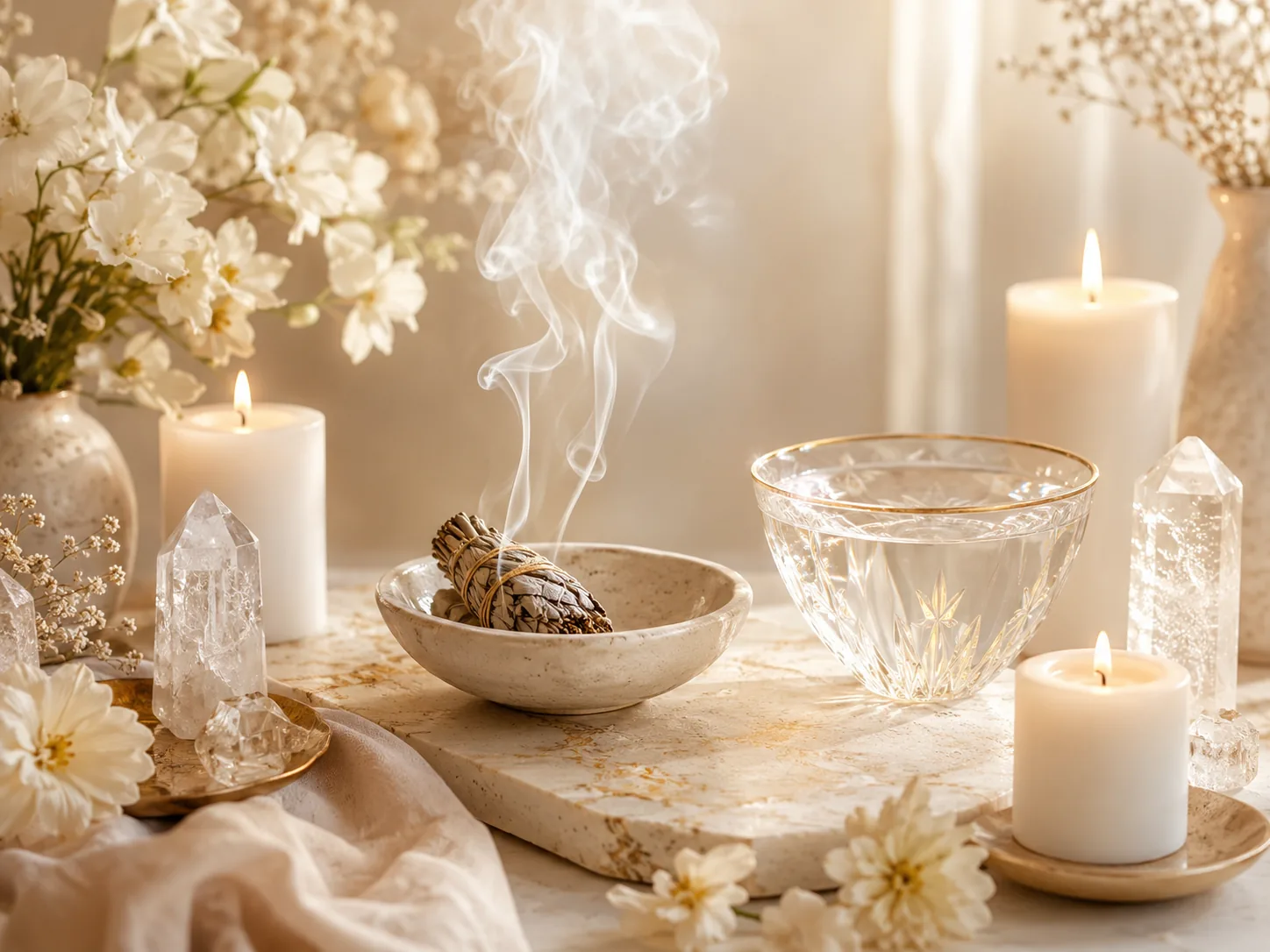 Mesa com sálvia e fumaça, tigela de cristal com água, velas brancas e cristais